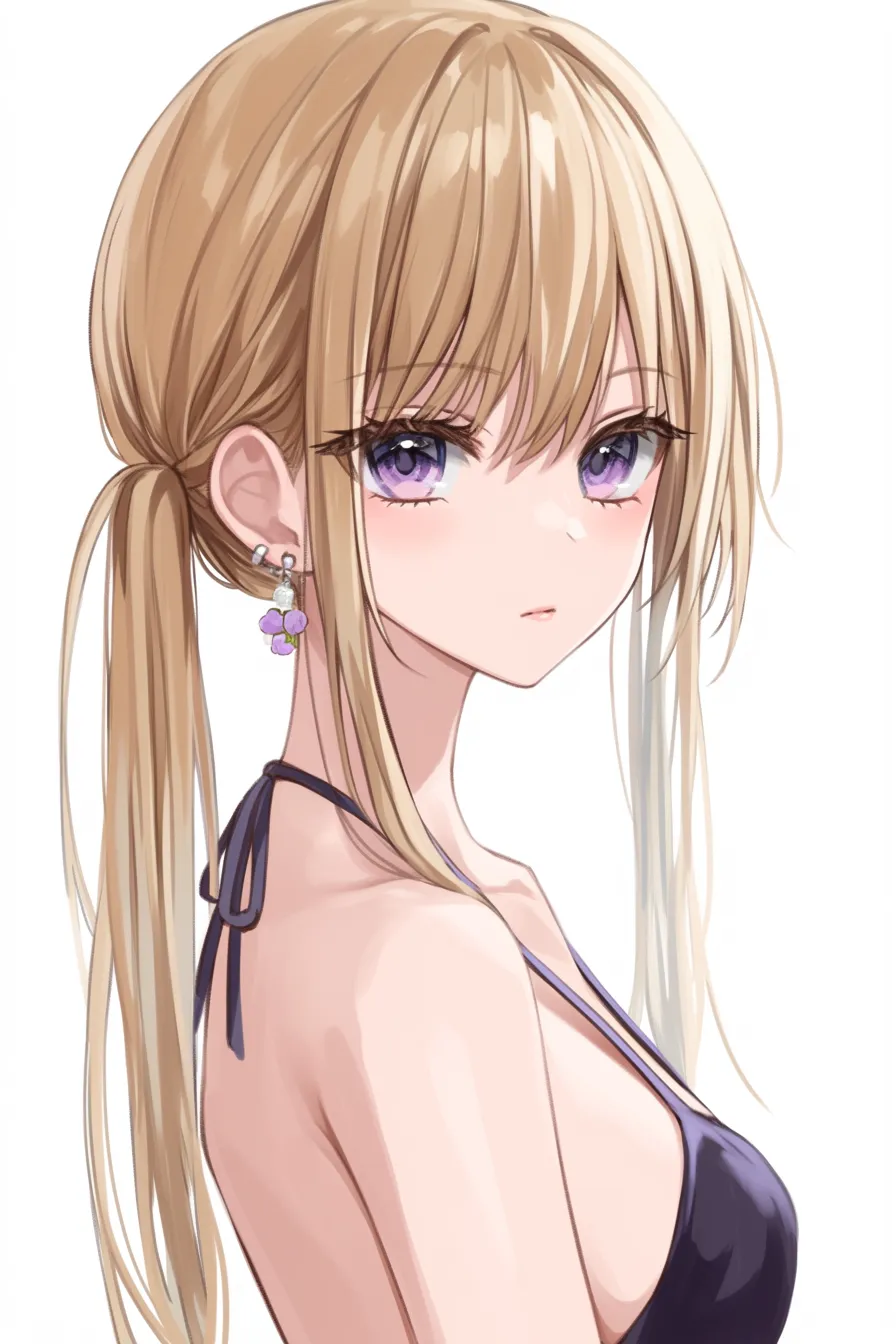 金髪　ツインテールの大人びた横顔｜【基本構造】横を向いた骨格を描き方として取り入れ、肩のラインと髪の流れをすっきり整理しています。<br>【演出の方向性】大きく開いた瞳を紫で強調し、唇をわずかに結ぶことで大人びたクールさと気品を際立たせています。<br>