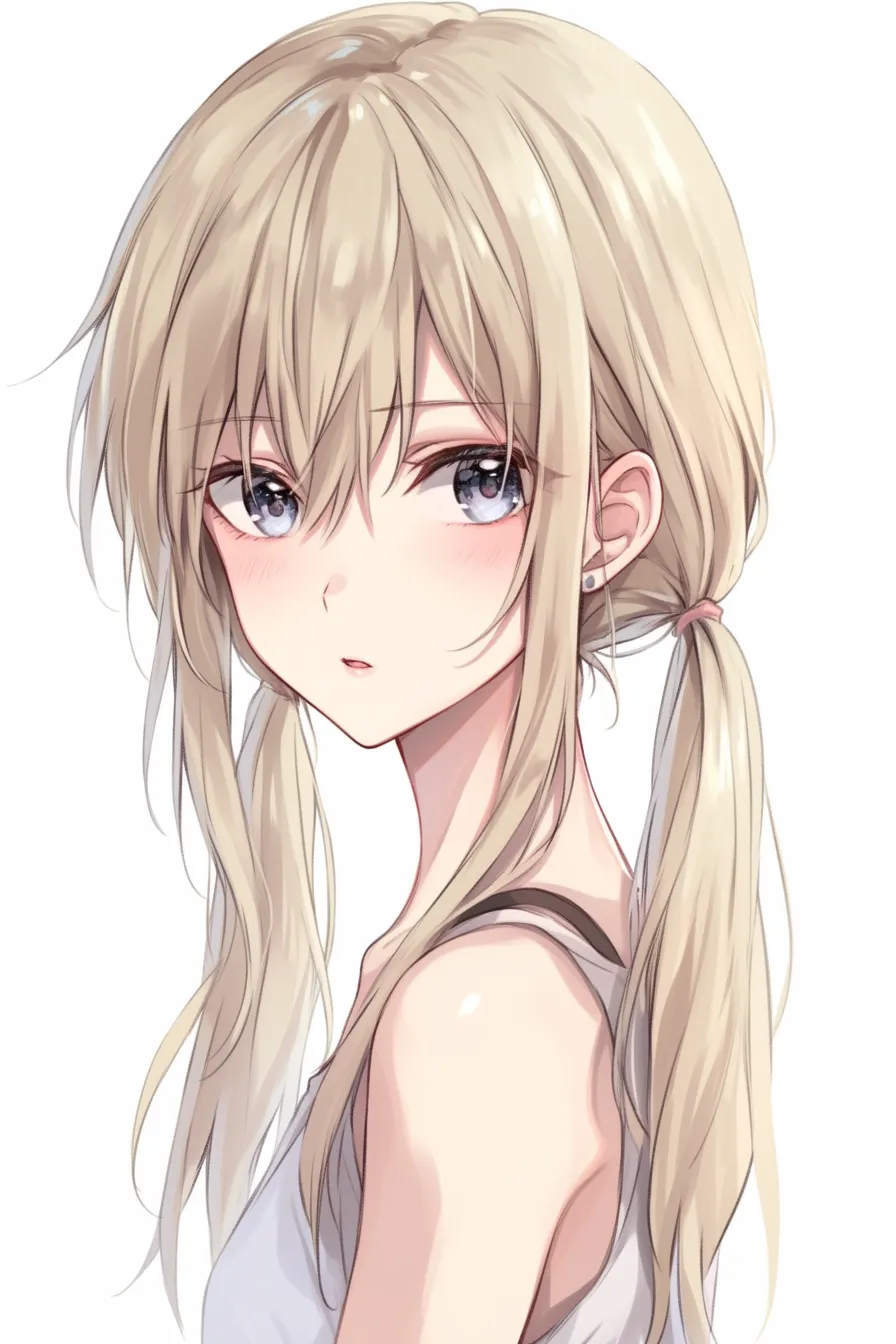 金髪　ツインテールの素朴な少女｜【基本構造】やや乱れた髪をツインテールに結ぶ描き方を採用し、頬の丸みを強調しています。<br>【演出の方向性】半開きの口元と優しい水色の瞳で、幼さと柔らかい親近感を表現しています。<br>