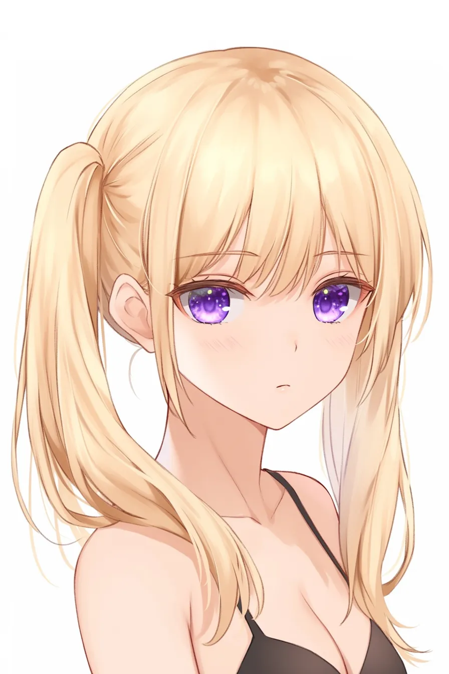 金髪　ツインテールの無表情｜【基本構造】正面に近い角度でシンプルに顔を配置し、均整の取れたツインテールを描き方に整えています。<br>【演出の方向性】星のように光る紫の瞳を強調し、感情を抑えた口元により、幻想的で静謐な印象を与えています。<br>