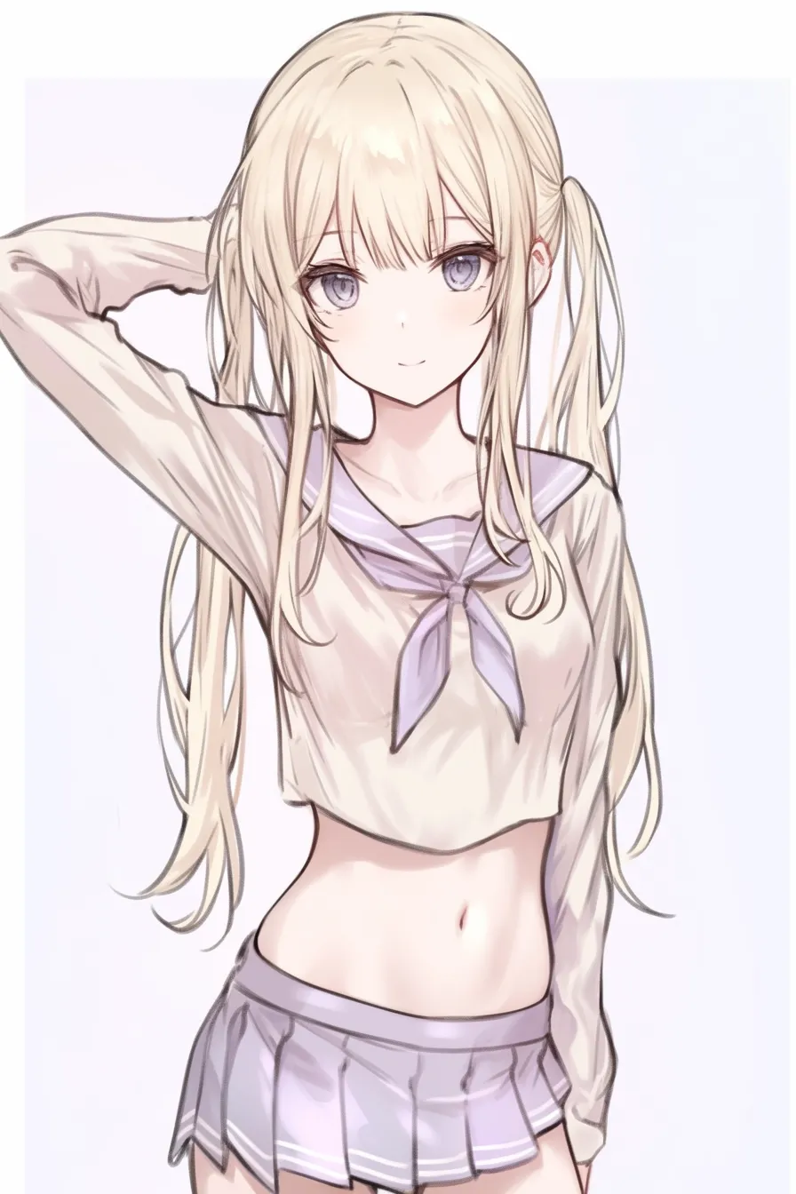 金髪　ツインテールのポーズ｜【基本構造】全身をやや斜めに配置し、片手を頭に添える描き方で自然な動きを組み込んでいます。<br>【演出の方向性】口角をほんのり上げた笑みと淡い色調で、健康的で可憐な雰囲気を演出しています。<br>