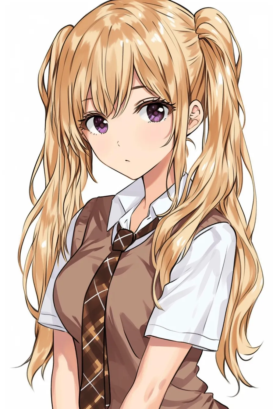 金髪　ツインテールの知的な制服姿｜【基本構造】シャツとベストの組み合わせを丁寧に描き方に取り入れ、肩幅を整えたシルエットでまとめています。<br>【演出の方向性】紫がかった瞳の輝きと髪の流れを細かく表現し、真面目さと女性らしい柔らかさを両立させています。<br>