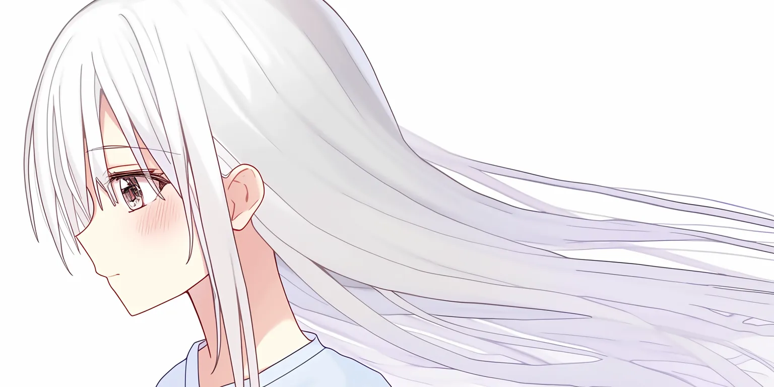 髪ハイライトの透明感ある横顔｜【基本構造】長く流れる白髪を繊細な線で整理した横顔の描き方で、髪全体に淡い光沢を馴染ませています。<br>【演出の方向性】透明感あるハイライトが儚さを増幅し、静謐で夢幻的な空気感を作り出しています。落ち着いた視線と調和して優雅さを感じさせます。<br>