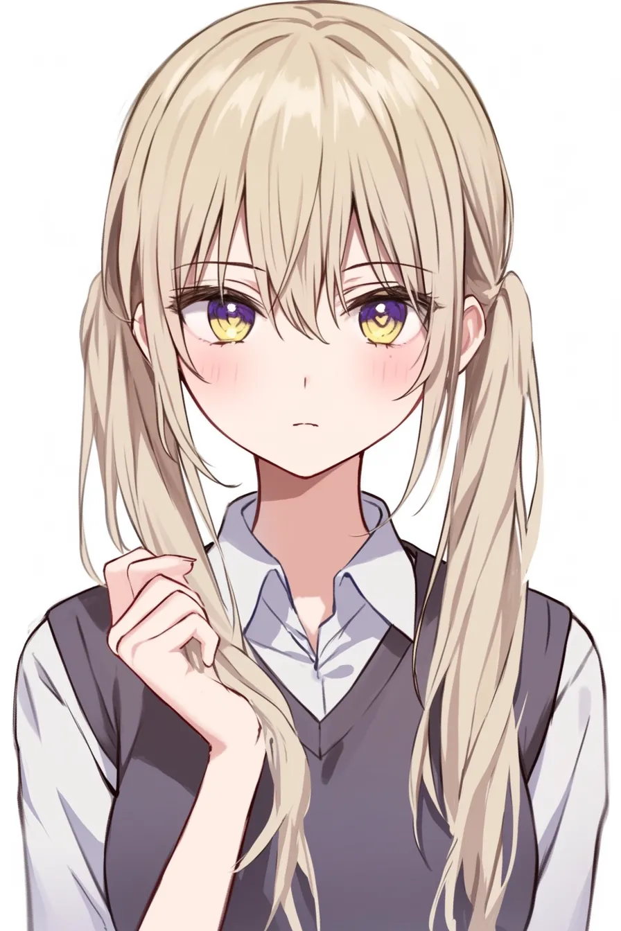 金髪　ツインテールの照れ隠し｜【基本構造】手を胸元に添える仕草を描き方として採用し、視線を正面に据えています。<br>【演出の方向性】黄色の瞳に赤みを差し込み、口元を引き結ぶことで照れや葛藤を感じさせる表現になっています。<br>