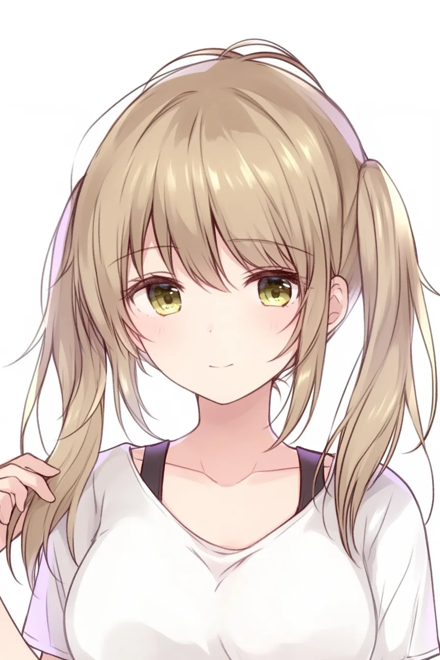 金髪　ツインテールの元気な笑み｜【基本構造】肩を開いたポーズと軽快なツインテールの揺れを描き方に反映させています。<br>【演出の方向性】明るい黄緑色の瞳と自然な笑顔を合わせ、活発さや明朗さをストレートに伝える印象を与えています。<br>