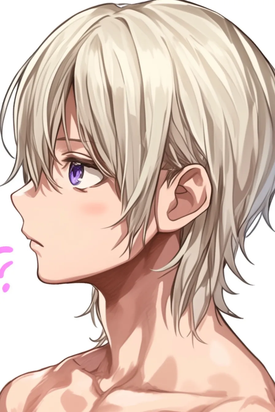 金髪　男の横顔｜【基本構造】首筋から顎にかけての直線を強調する描き方で、やや前を見つめるシルエットを整えています。<br>【演出の方向性】紫の瞳を横顔に添えることで、静かな疑問や無垢さを感じさせる表情になっています。<br>