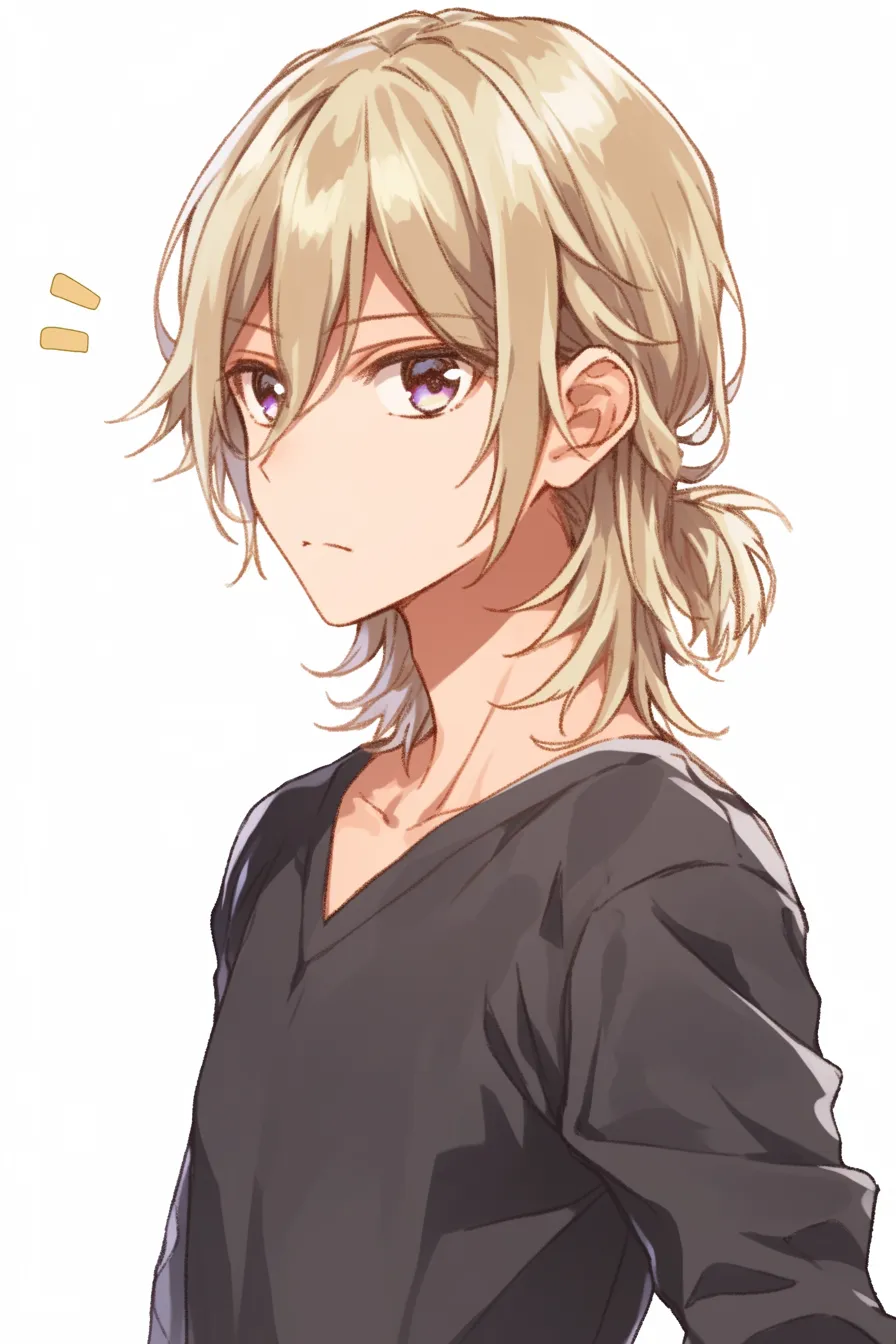 金髪　男の束ね髪｜【基本構造】後ろ髪をまとめる描き方を採用し、肩から上のシルエットを柔らかく構成しています。<br>【演出の方向性】紫がかった瞳を大きめに開き、口元を引き締めることで、落ち着きの中に強さをにじませています。<br>