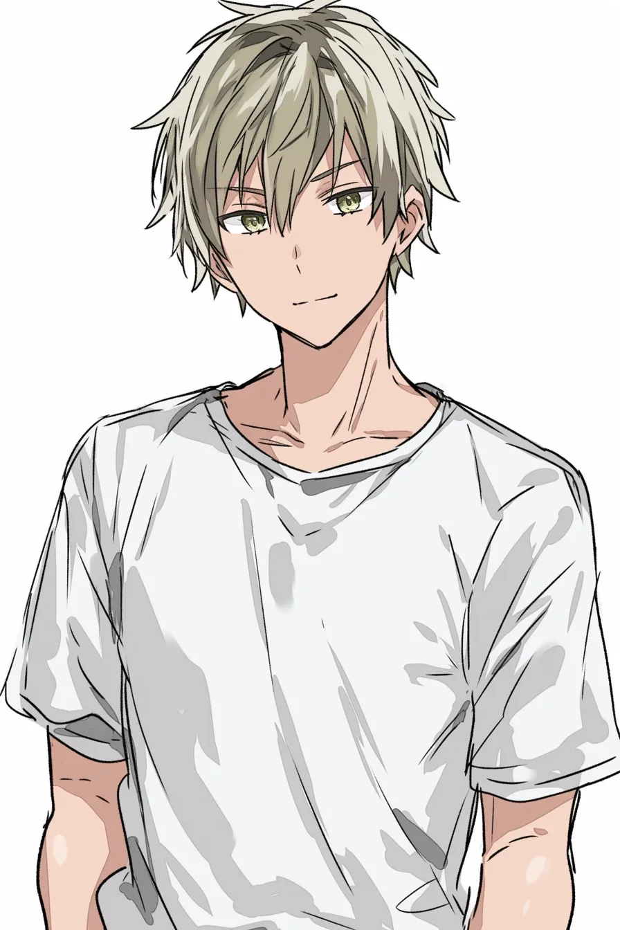 金髪　男の微笑み｜【基本構造】全身に近い上半身構図で、リラックスした肩のラインを描き方として整えています。<br>【演出の方向性】緑がかった瞳と自然な微笑を重ねることで、開放的で人懐っこい雰囲気を表現しています。<br>