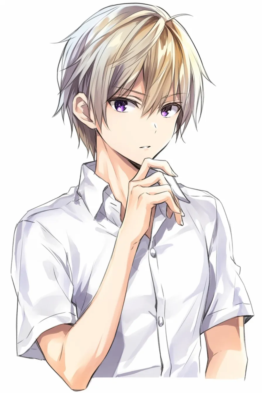 金髪　男の考え込む仕草｜【基本構造】手を口元に添える描き方を取り入れ、立ち姿を正面に据えています。<br>【演出の方向性】紫の瞳に光を集め、眉をわずかに寄せることで、思慮深さや知的な緊張感を漂わせています。<br>