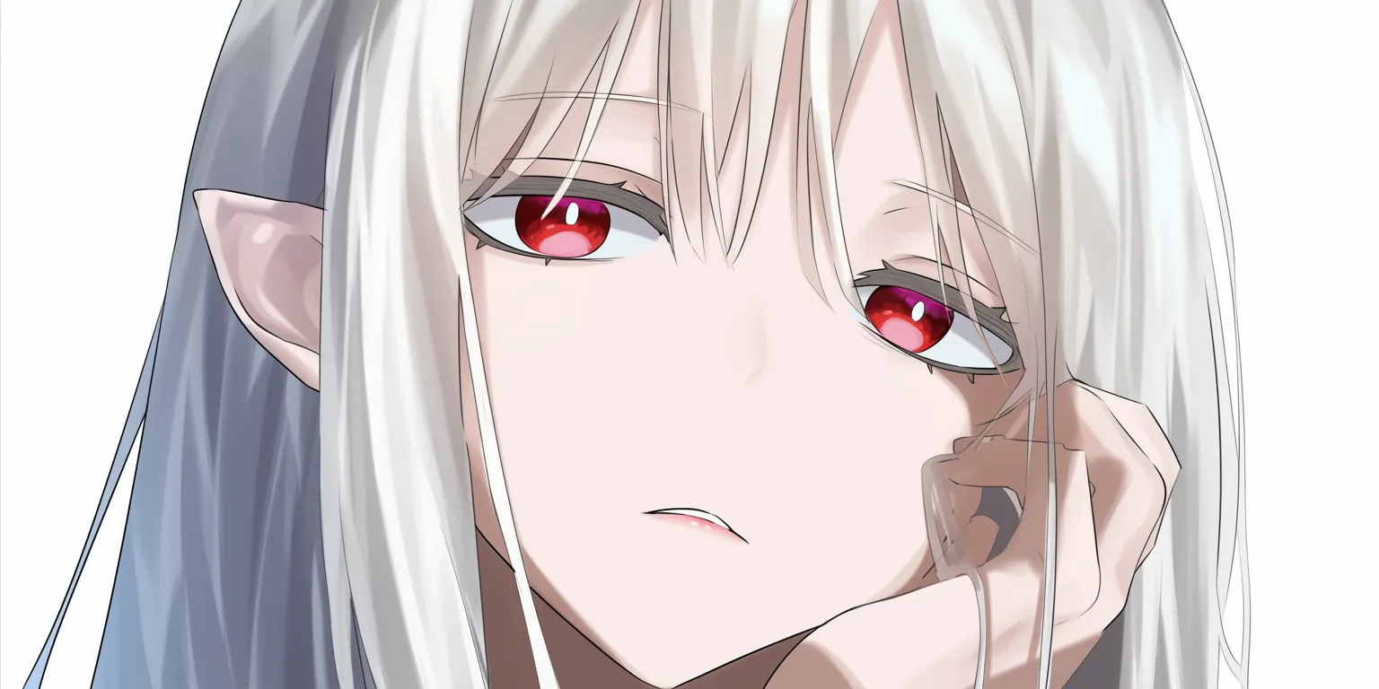 髪ハイライトの赤瞳｜【基本構造】長い白髪と尖った耳を組み合わせた独特なキャラクター描き方で、髪の光沢は強いコントラストで描かれています。<br>【演出の方向性】深い赤瞳と鋭い光沢が緊張感を高め、冷淡さや威圧感を強調する演出となっています。髪の輝きがキャラクター性をより際立たせます。<br>