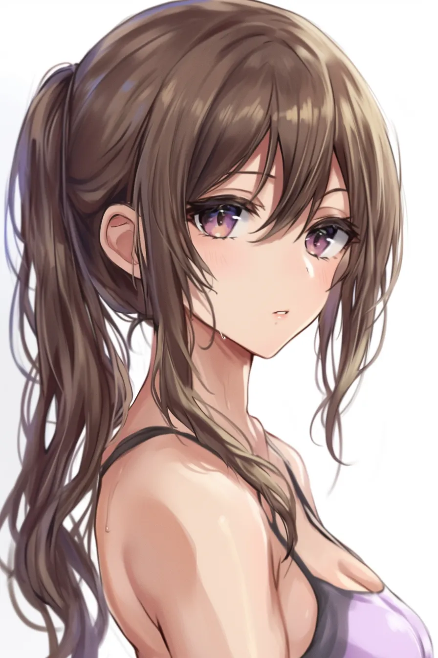茶髪のポニーテール｜【基本構造】肩から背中にかけて流れる髪をまとめ、後頭部で結ぶ描き方を採用しています。<br>【演出の方向性】汗に濡れた肌と紫の瞳を合わせ、スポーティで健康的な雰囲気に色気を加えています。<br>