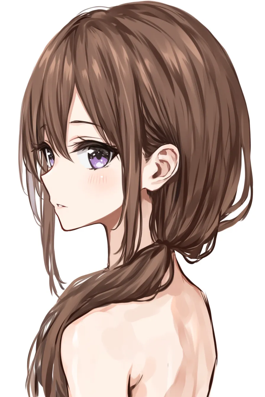 茶髪の横顔｜【基本構造】髪を低めで結んだ描き方を用い、首筋のラインを細長く表現しています。<br>【演出の方向性】伏せがちな紫の瞳と柔らかな頬の陰影が、物静かで繊細な印象を漂わせています。<br>