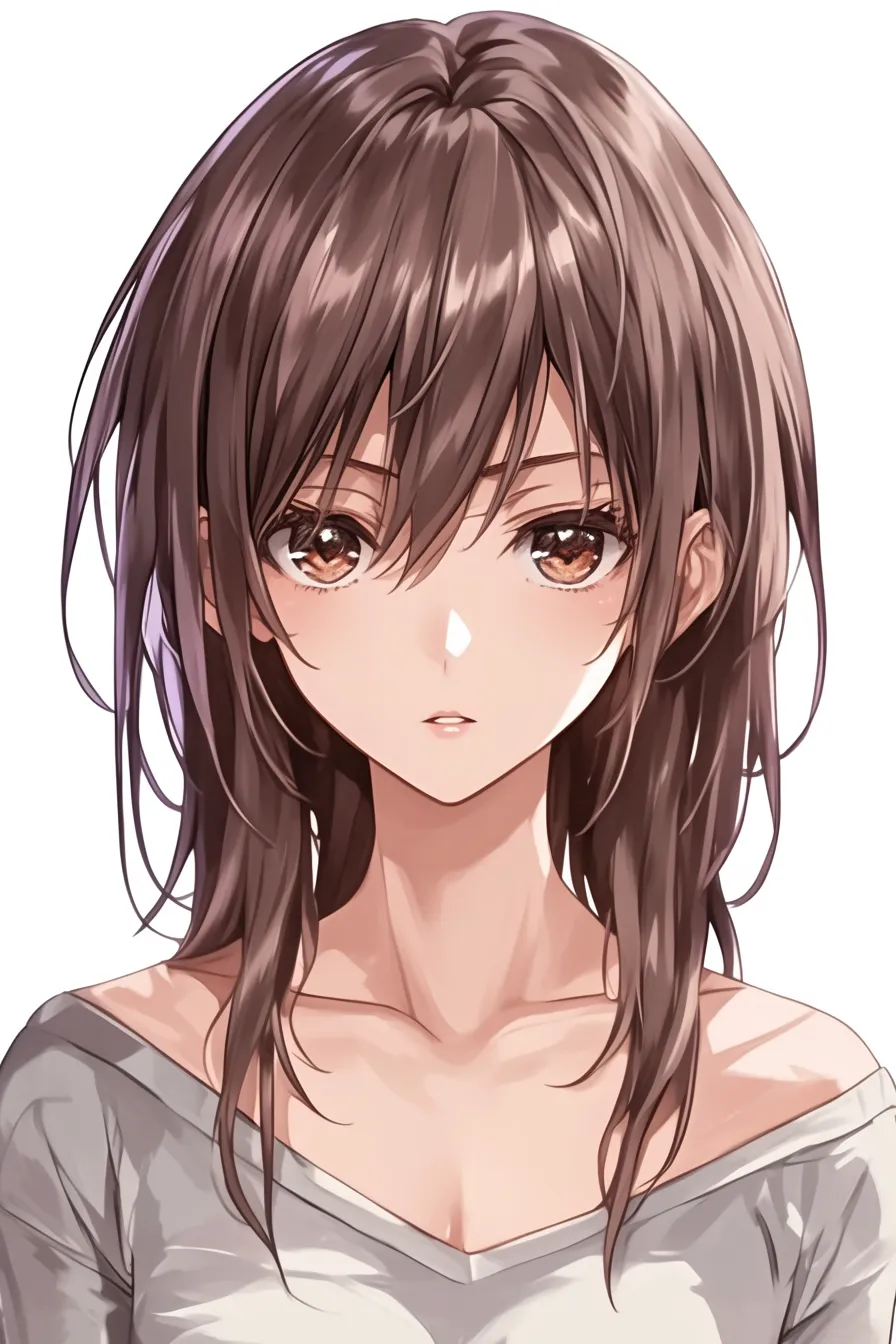 茶髪の揺れる髪｜【基本構造】長めの前髪を顔にかかるように描き方を配置し、首筋をしなやかに表現しています。<br>【演出の方向性】焦げ茶の瞳と落ち着いた髪の色合いが調和し、凛とした知的さを醸し出しています。<br>