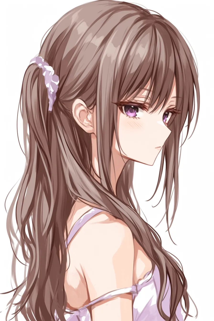 茶髪の横顔とリボン｜【基本構造】高めの位置で髪を結び、リボンをアクセントにした描き方で華やかさを出しています。<br>【演出の方向性】紫の瞳を細めて遠くを見つめる表現により、冷静さと大人びた落ち着きを際立たせています。<br>
