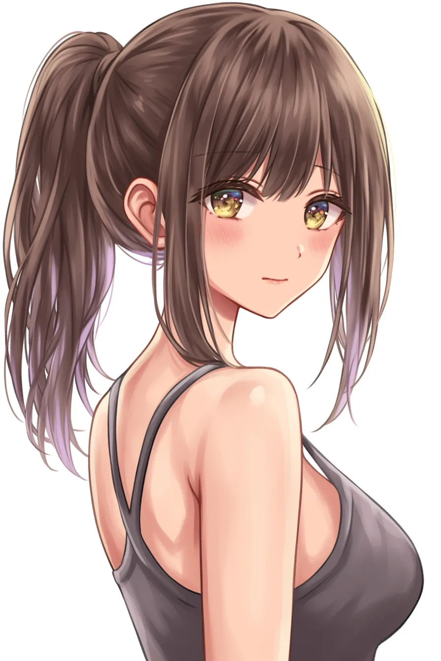 茶髪の振り返り微笑み｜【基本構造】肩越しに視線を送る描き方を用い、ポニーテールを軽快に揺らす姿を構成しています。<br>【演出の方向性】金色の瞳の輝きと口元の笑みを組み合わせ、明るく人懐っこい雰囲気を印象づけています。<br>