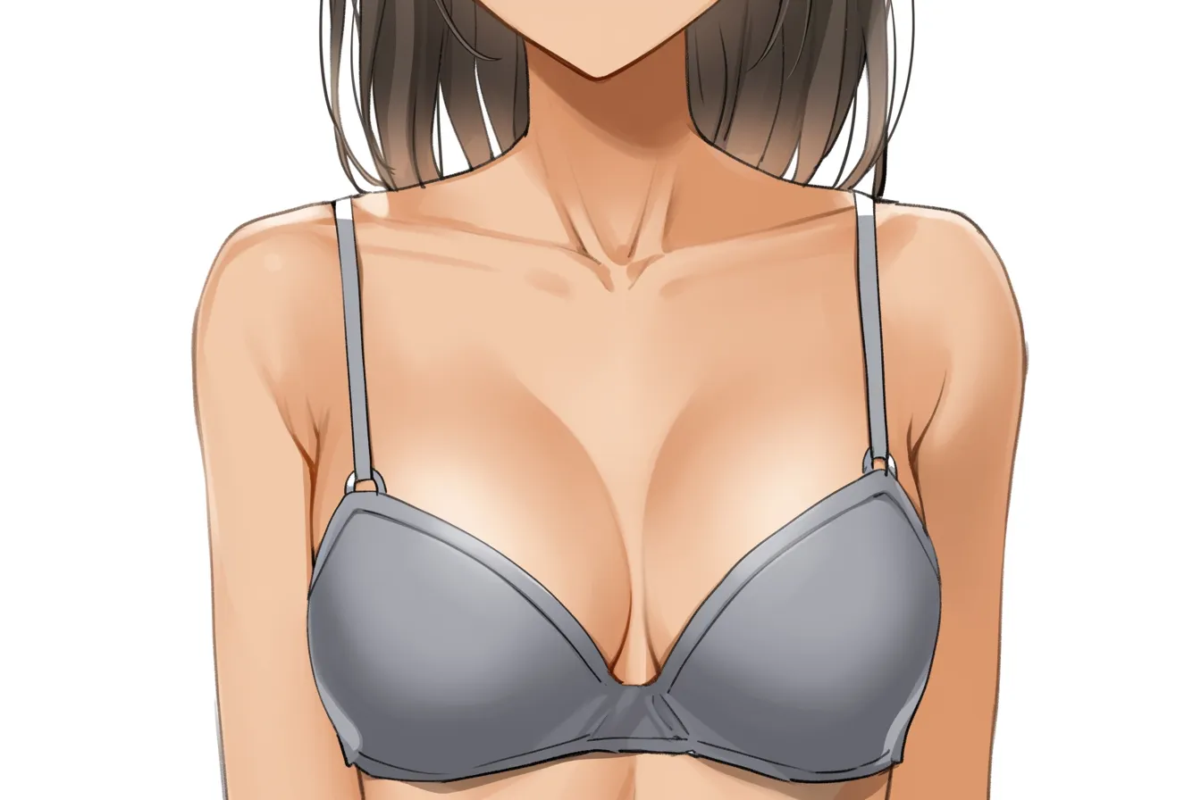 胸の谷間とグレーブラ｜【基本構造】胸を中央に寄せる描き方で、グレーのブラが胸の形を整えています。鎖骨から胸元までのラインが明快に描かれ、谷間がはっきりと形成されています。<br>【演出の方向性】濃淡の陰影を丁寧に入れることで胸の丸みが際立ち、落ち着いた色味の下着が大人びた雰囲気を演出しています。<br>