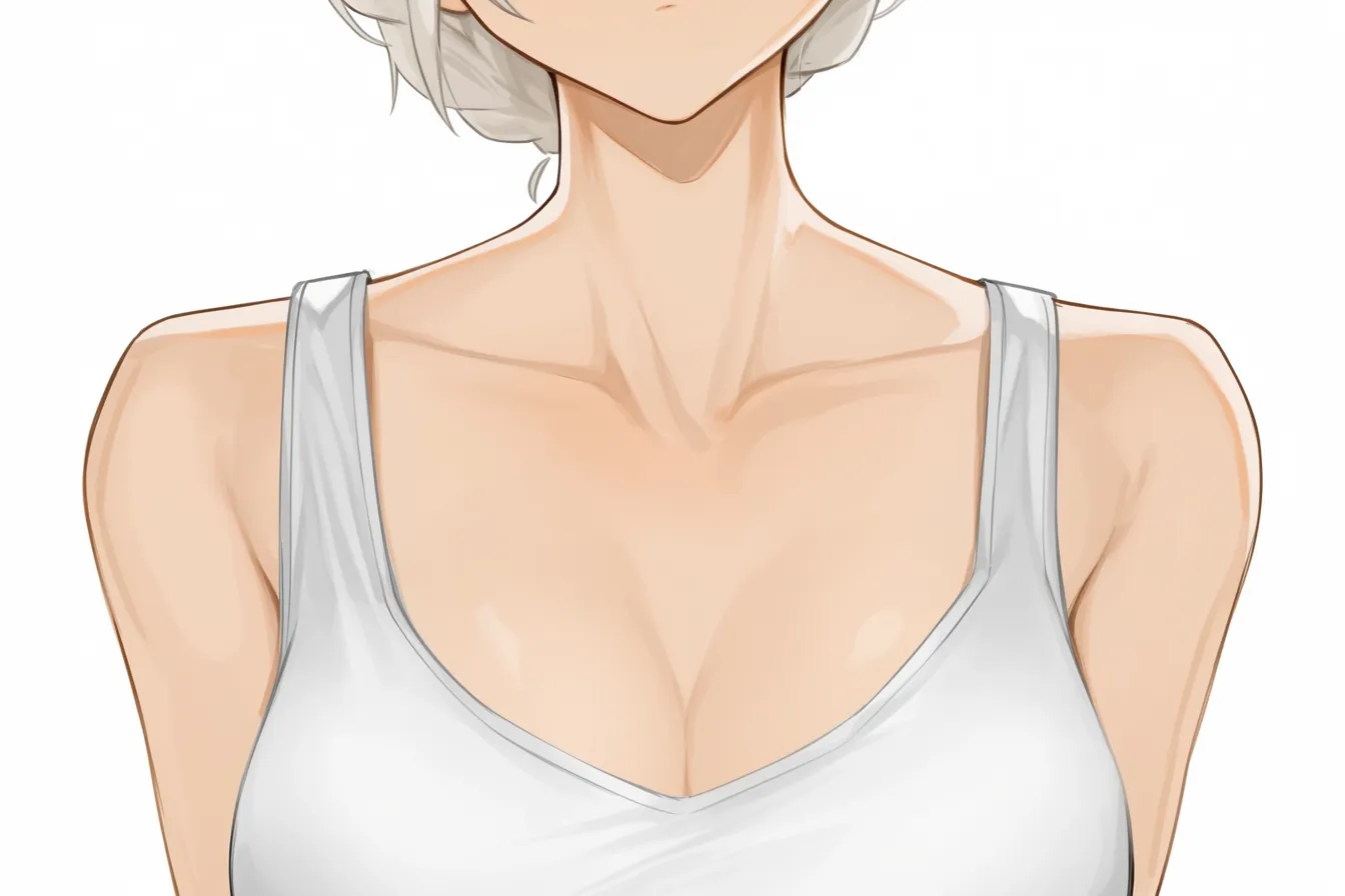 胸の谷間と白トップス｜【基本構造】薄い白いトップスで胸の膨らみを支える描き方で、鎖骨と首筋をシンプルにまとめています。胸はやや自然に垂れ下がる形で整えられています。<br>【演出の方向性】柔らかな光の反射と肌色のコントラストを弱めに描くことで、落ち着きと爽やかさを兼ね備えた印象にしています。<br>