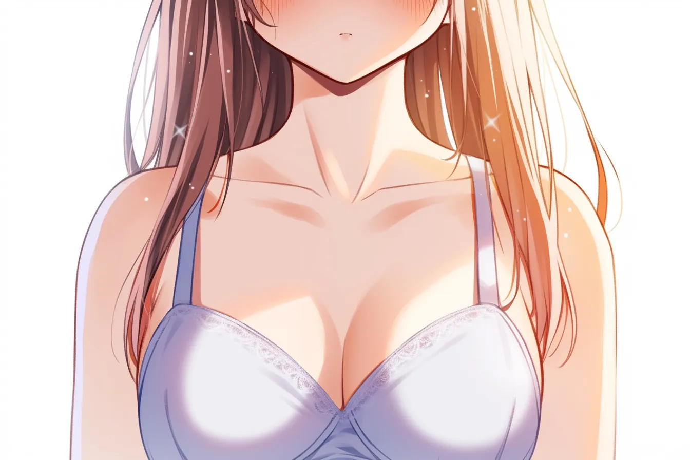 胸の谷間ときらめき｜【基本構造】胸を持ち上げる下着を正面から描き、谷間を深く形成した描き方です。肩から胸へのラインは均整が取れており、視線を胸元に集めています。<br>【演出の方向性】髪や背景に光の効果を添えることで、華やかでロマンティックな雰囲気を強めています。胸の谷間が輝きを受けて象徴的に浮き上がる演出です。<br>