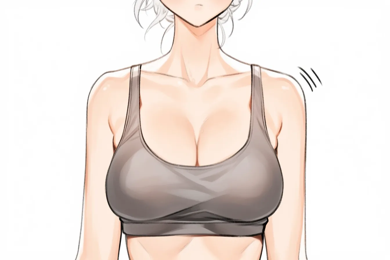 胸影の正面安定構図｜【基本構造】胸を正面から描き、左右均等に胸影を配置した描き方です。胸の下部や谷間に影を集め、構造を安定させています。<br>【演出の方向性】影の濃淡を均等に置くことで安定感のある表現に仕上がり、清潔で落ち着いた印象を強調します。<br>