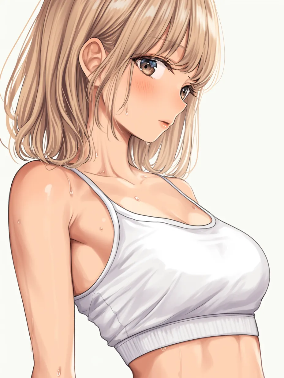 横乳の清楚構図｜【基本構造】正面寄りの角度で胸の側面が自然にのぞく描き方を採用し、肩から胸へ流れるラインをすっきりまとめています。髪の毛や顔の配置をシンプルに整えて全体のバランスを保っています。<br>【演出の方向性】白い衣装と透明感のある汗の描写が清楚な印象を与えつつ、横乳をさりげなく見せることで健康的な色気を漂わせています。<br>