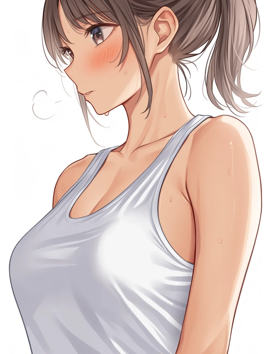 横乳のスポーティ構図｜【基本構造】ポニーテールとタンクトップ姿で、胸のサイドラインがしっかりと目立つ描き方を取り入れています。身体のひねりを少なく、直線的な立ち姿にすることでシンプルな構造にしています。<br>【演出の方向性】汗の粒や赤らんだ頬を強調することで運動後の息遣いを感じさせ、横乳の存在がより生き生きと伝わります。爽やかさと熱感が同居する演出です。<br>