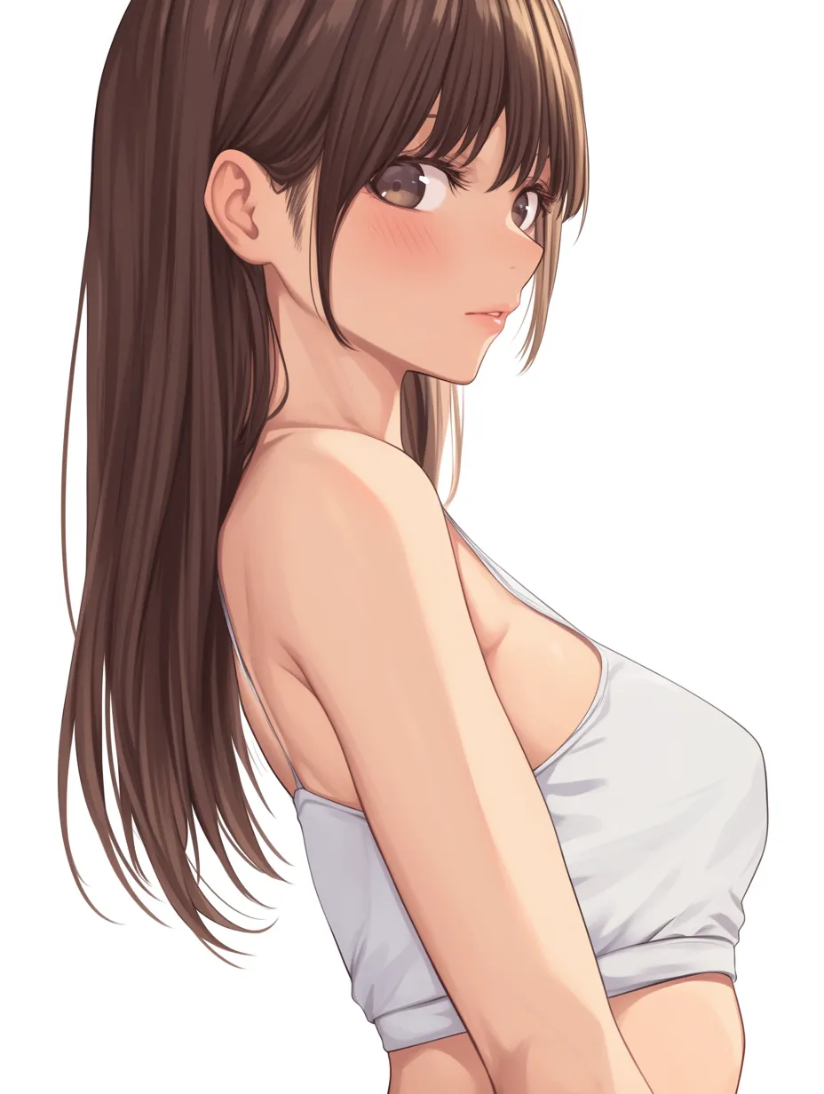 横乳の振り返り構図｜【基本構造】身体を横向きにひねり、顔だけ振り返る描き方で胸の側面が自然に強調されるポーズです。髪の流れも肩越しに沿わせ、シルエットのラインを柔らかくまとめています。<br>【演出の方向性】頬の赤みや視線の揺らぎで可憐さを与えつつ、横乳をアクセントにすることでさりげない色気を添えています。清楚さと艶感が同居する演出です。<br>
