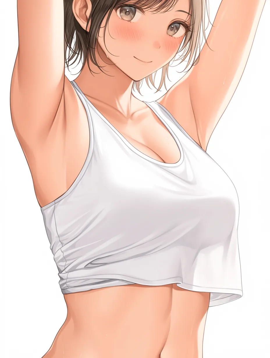 横乳の伸び構図｜【基本構造】両腕を高く上げる描き方で胸の下から横にかけての張りを強調しています。腰から胸へと続く直線的な体の流れが、すっきりとした印象を与えています。<br>【演出の方向性】笑みを浮かべる表情と頬の赤らみで明るさを演出し、横乳の自然な膨らみが爽やかな魅力を生んでいます。健康的で前向きな雰囲気を強調する表現です。<br>