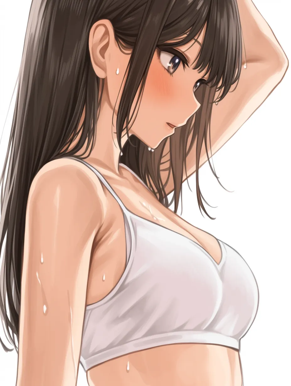 横乳の滴る構図｜【基本構造】片腕を上げ、斜め横から見た描き方で胸の外輪郭が浮き立つように構築されています。首筋から胸にかけて汗の流れを入れることで動きを強めています。<br>【演出の方向性】汗の粒と赤らんだ頬が運動直後の熱気を強調し、横乳のラインがよりリアルに感じられる演出です。しっとりとした艶感を伴う色気を漂わせています。<br>