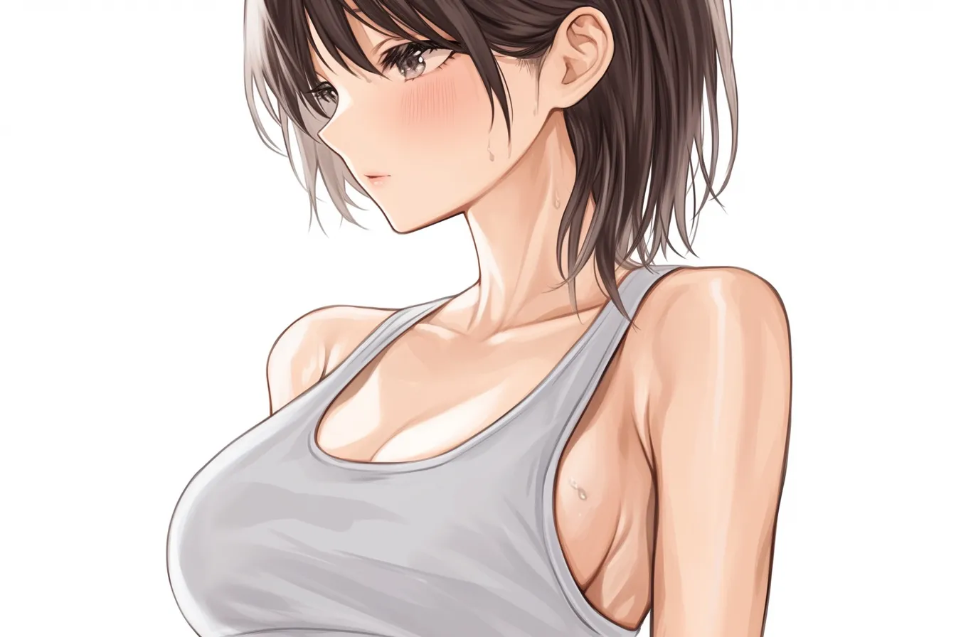 横乳のクール構図｜【基本構造】肩を落とし、自然な立ち姿の描き方で横乳がさりげなく見える角度を採用しています。顔は横を向かせることで落ち着いたシルエットを強調しています。<br>【演出の方向性】視線を逸らし無表情に近い表情で、余計な演出を抑えたクールな雰囲気を出しています。汗の描写が健康感を添えつつ、横乳がアクセントとして機能しています。<br>