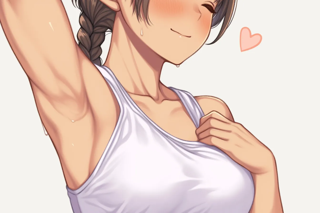 横乳の可愛らしい仕草｜【基本構造】片手で服を軽く押さえる描き方で胸元の形を変化させ、横乳のラインを柔らかく見せています。表情は笑みを加え、肩の角度もリラックスさせています。<br>【演出の方向性】ハート記号や満面の笑顔がポップな雰囲気を演出し、横乳が明るく親しみやすい色気に変わっています。可愛らしさと軽快さを前面に出した表現です。<br>