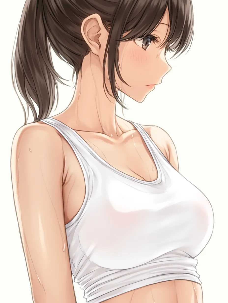 横乳の清涼構図｜【基本構造】胸部を大きめに前へ張り出す描き方で、サイドラインの丸みを強調しています。ポニーテールやすっきりした衣装が爽やかさを後押ししています。<br>【演出の方向性】汗を大粒に描き、頬の赤みを加えることで活発さと熱気を演出しています。横乳の存在が清涼感と色気の両立を可能にしています。<br>