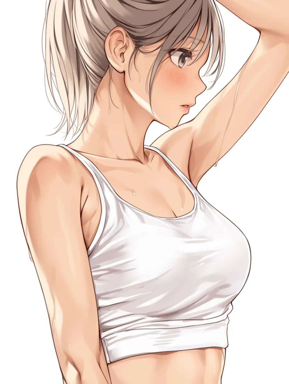 横乳の凛とした構図｜【基本構造】腕を片方上げて体をひねり、胸の横ラインを強調する描き方です。首筋から肩への線を直線的に処理することで凛とした印象を作っています。<br>【演出の方向性】真剣な眼差しと汗のきらめきで集中感を高め、横乳が引き締まった雰囲気の中で存在感を放っています。爽やかさと力強さを兼ね備えた表現です。<br>