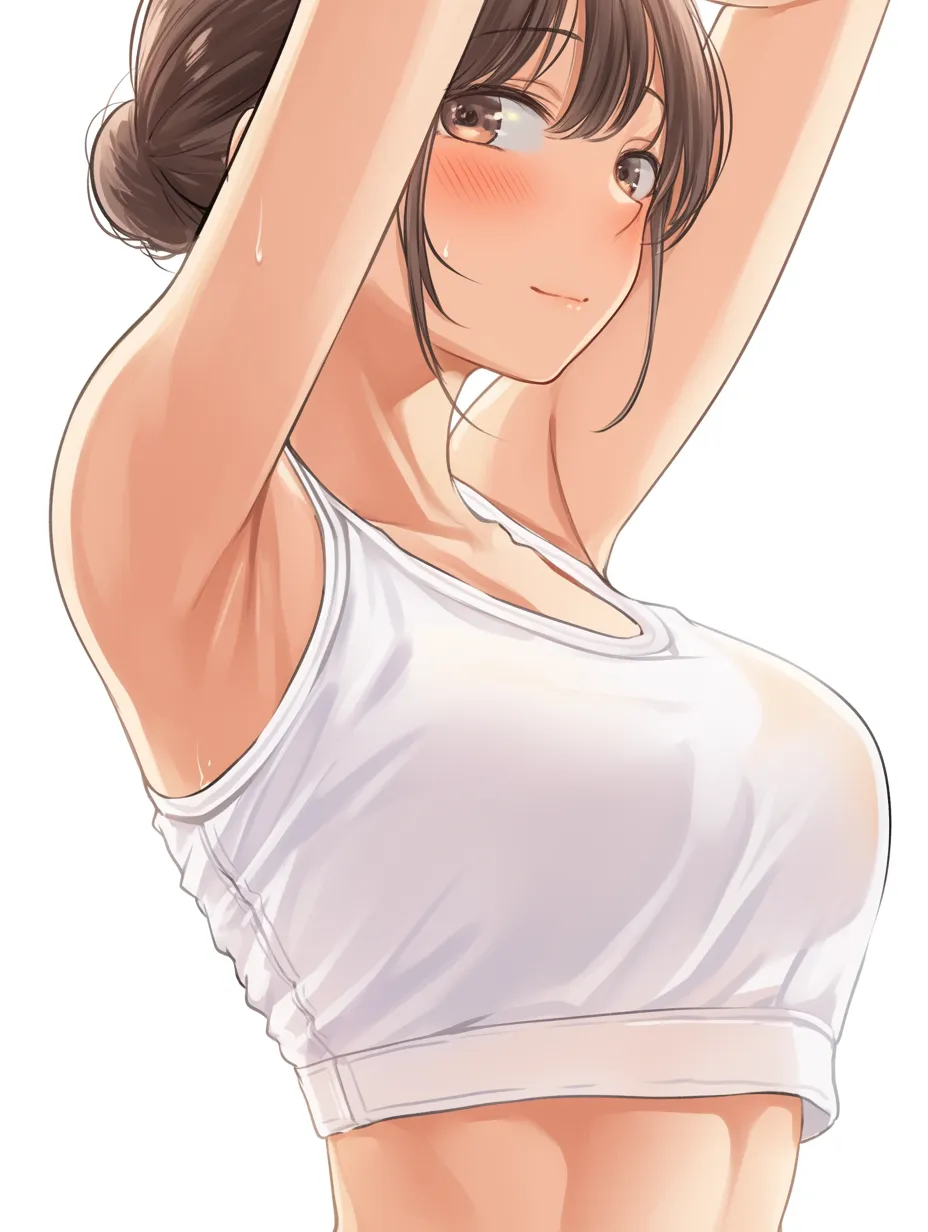 横乳の上目づかい構図｜【基本構造】両腕を上げ、胸部を突き出す描き方で横乳を際立たせています。髪をまとめたお団子ヘアが顔周りをすっきりと見せ、胸部の印象をより強めています。<br>【演出の方向性】上目づかいの柔らかな表情と赤みの差し色で、親しみやすい可愛らしさを演出しています。横乳が健康的かつ愛嬌ある魅力として機能しています。<br>