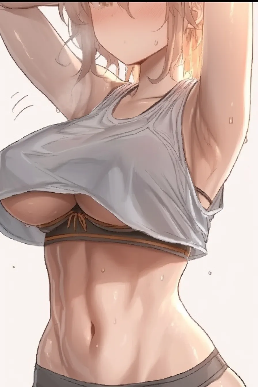 下乳のリズム構図｜【基本構造】両腕を高く上げて胸部を引き上げ、下乳を自然に見せる描き方をしています。お腹の筋肉やくびれをリズミカルに強調しています。<br>【演出の方向性】汗のしずくや衣服の動きが動感を生み、下乳の存在がダイナミックに映えます。エネルギッシュで爽快感のある演出です。<br>