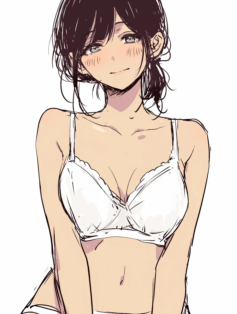 女の子の胸と微笑み｜【基本構造】正面寄りのアングルで胸のふくらみを自然に強調する描き方です。肩を少しすぼめることで鎖骨と胸元が際立ち、柔らかいラインを形成しています。<br>【演出の方向性】伏し目がちな笑顔と頬の赤みが、胸の存在感を親しみやすい印象に変えています。恥じらいと温かさを同時に演出しています。<br>