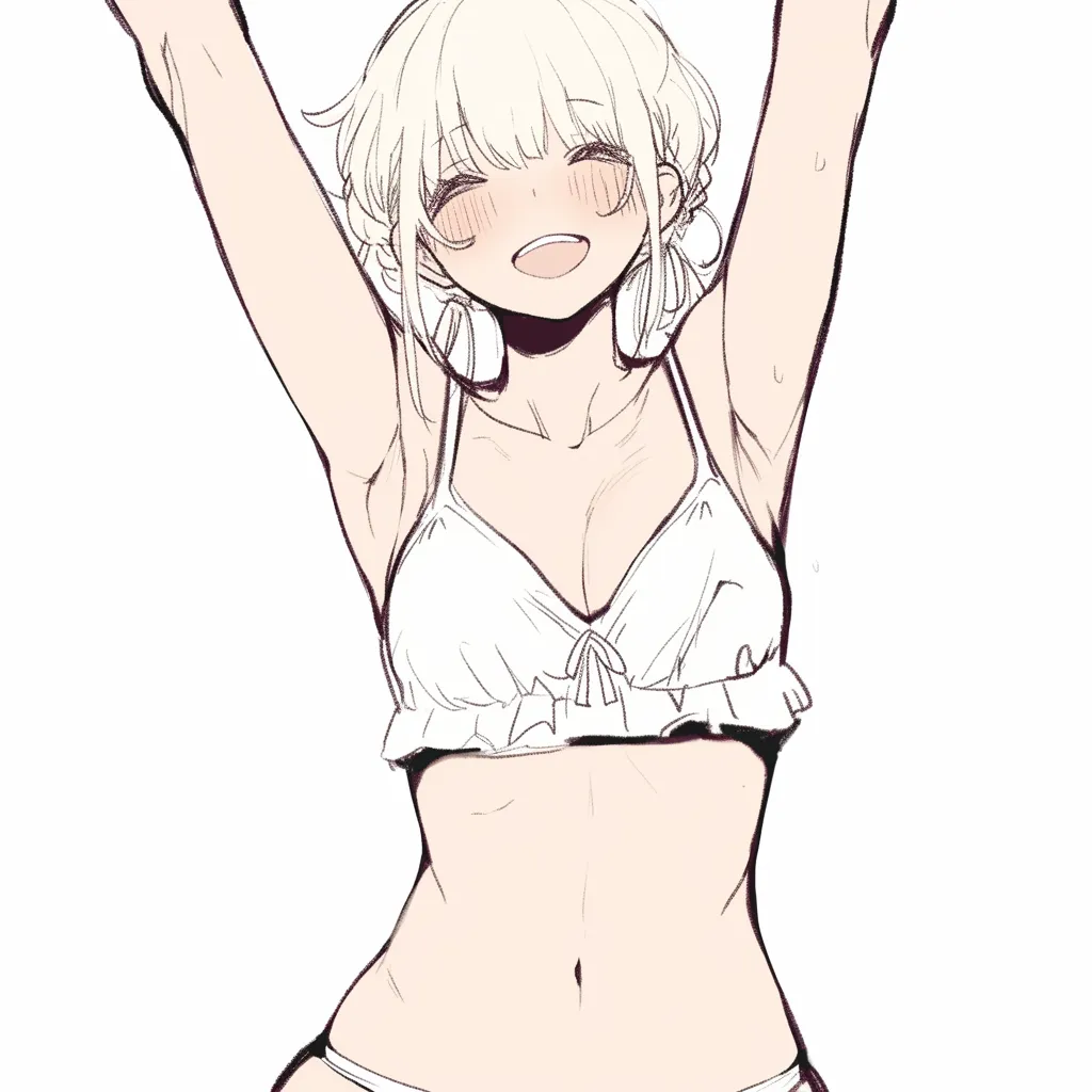 女の子の胸と開放感｜【基本構造】両腕を高く上げて胸を持ち上げる描き方で、縦のラインが強調されます。胴のひねりを抑えることで、バストの自然な持ち上がりが表現されています。<br>【演出の方向性】満面の笑顔と開放的なポーズにより、胸のボリュームが明るく健康的に映えます。活発さや純粋な喜びを前面に出した演出です。<br>