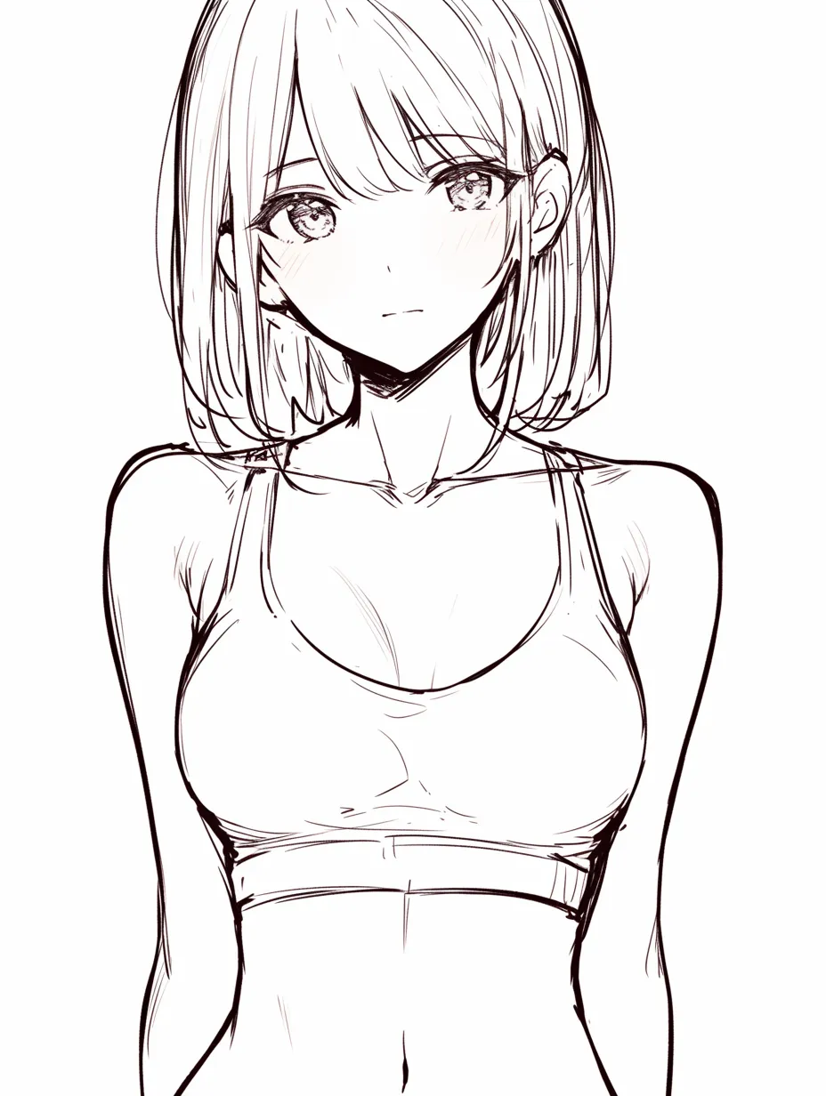 女の子の胸と静けさ｜【基本構造】胸元を真正面から見せる描き方で、肩幅と胸のバランスが整っています。線を簡潔に抑え、胸の丸みを素直に表現しています。<br>【演出の方向性】視線を落とし頬を薄く染めることで、胸の描写が落ち着いた雰囲気に仕上がります。控えめながら柔らかい印象を与える表現です。<br>