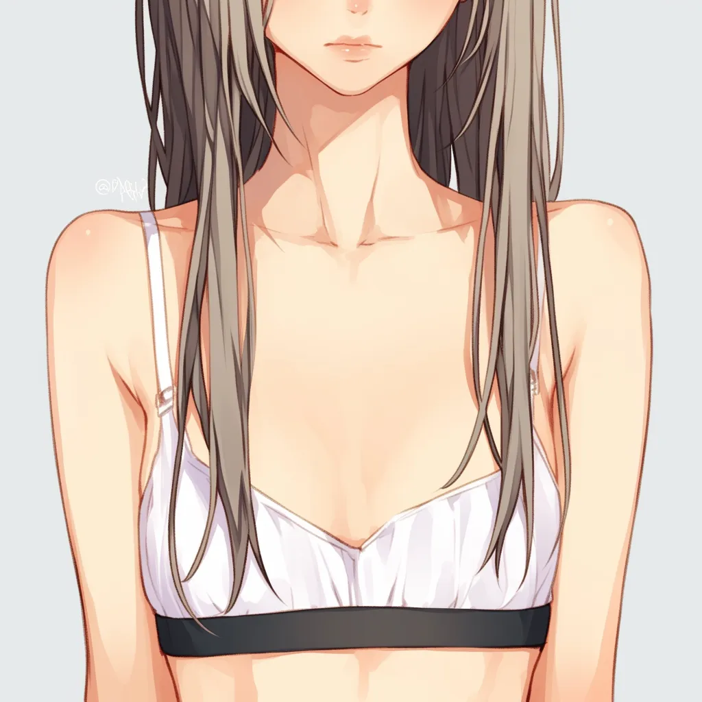 女の子の胸と正面構図｜【基本構造】胸元を中央に据え、真っ直ぐ立った描き方です。縦方向のラインを意識してバランス良く配置しています。<br>【演出の方向性】シンプルな表情にすることで胸の描写が際立ちます。余計な要素を入れず、清楚で端正な印象を演出しています。<br>
