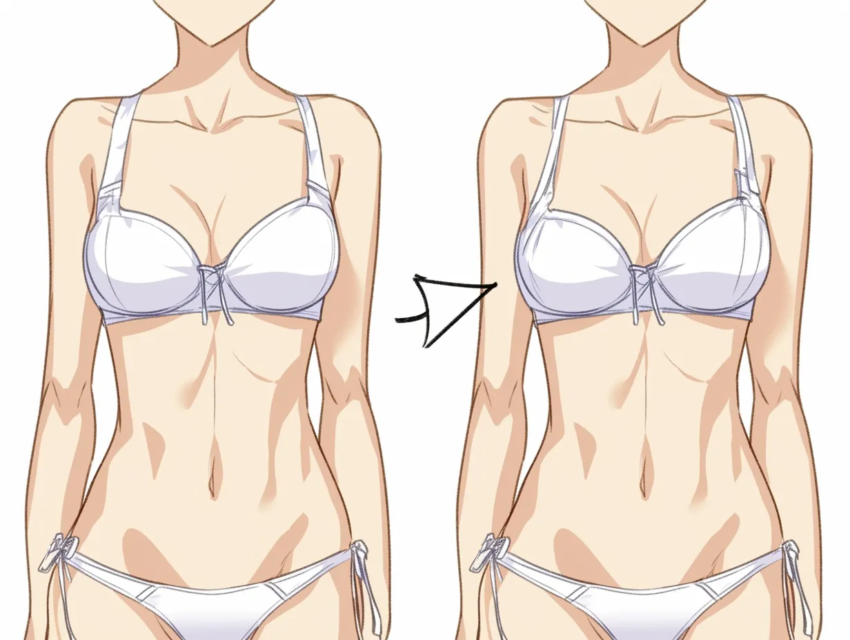 おなかの塗り方（引き締め調整）｜【基本構造】正面構図でウエストラインを強調し、左右の腹部を対比させる描き方で細さを調整しています。<br>【演出の方向性】陰影を増減させることで痩身や引き締め感を自在に表現し、理想的な体型イメージを観る側に与えています。<br>