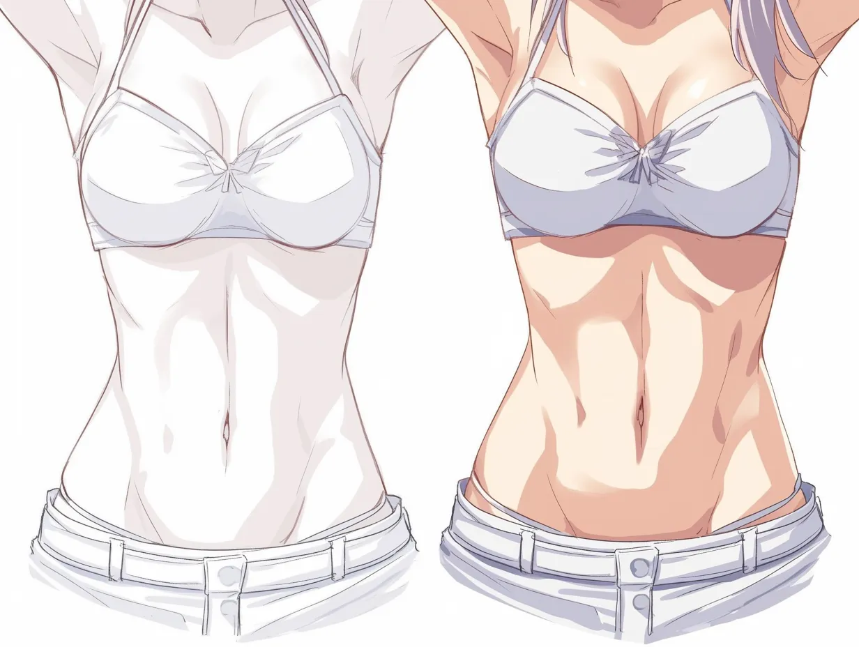 おなかの塗り方（立体陰影）｜【基本構造】上体の角度を活かし、胸下から下腹部にかけて筋肉の凹凸を描き方として整理しています。<br>【演出の方向性】強い光と濃い影の対比で浮き出る腹筋を強調し、健康的でスポーティーな印象を与えています。<br>