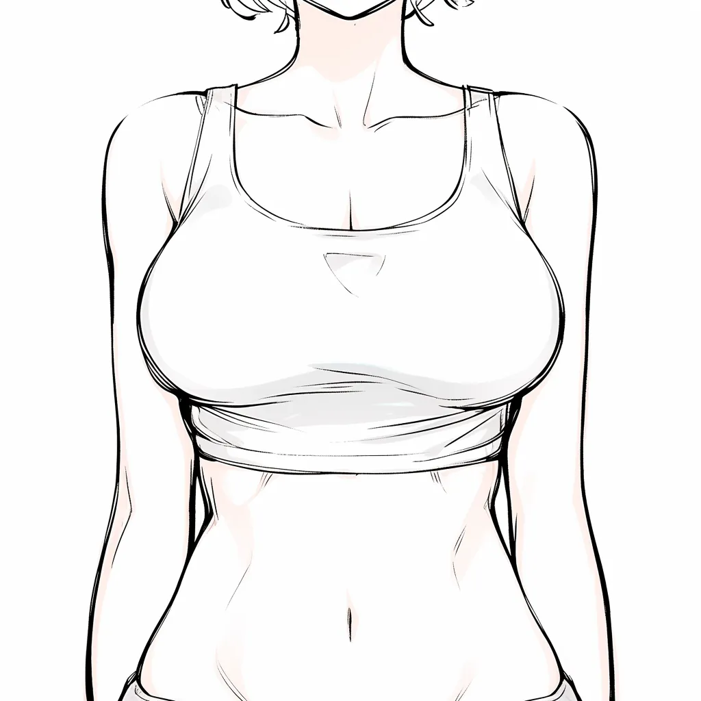 女性の体の上半身アップ｜【基本構造】肩幅をやや広めに描き方を整え、胸部を大きく強調しつつウエストにかけて自然に絞っています。スポーツブラのラインが体の起伏を明確に示しています。<br>【演出の方向性】胸のボリュームとウエストの細さの対比によって女性的な魅力を誇張し、健康的で力強い印象を与えています。<br>