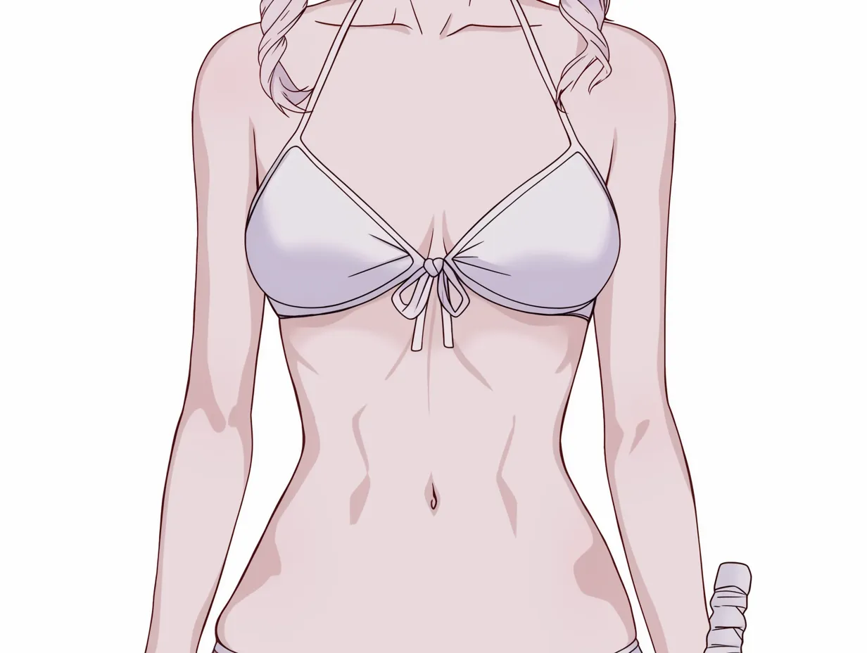 おなかの塗り方（シンプル水着）｜【基本構造】腰回りをすっきり描き、胸から下腹部まで直線的に繋ぐ描き方で健康的なラインを強調しています。<br>【演出の方向性】淡い色彩で影を抑えることで、フラットで清潔感ある印象となり、スポーティーさを際立たせています。<br>
