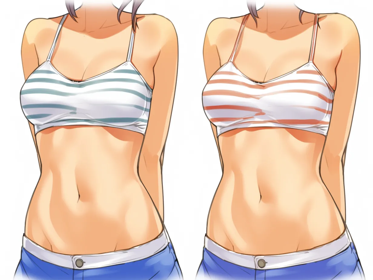 おなかの塗り方（カラーバリエーション）｜【基本構造】同じ構図で衣装の色を変え、腹部の形状や輪郭は共通の描き方を維持しています。<br>【演出の方向性】服の色彩差によっておなかの陰影が受ける印象を変化させ、明るい色は爽やかさ、濃い色は大人びた雰囲気を演出しています。<br>