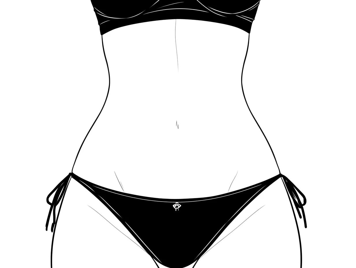 女性のおなか（黒ビキニ）｜【基本構造】腰回りをすっきりとした黒のビキニで囲い、シルエットを強調する描き方をしています。<br>【演出の方向性】濃い色のコントラストで腹部の白さが際立ち、洗練された大人びた印象を演出しています。<br>