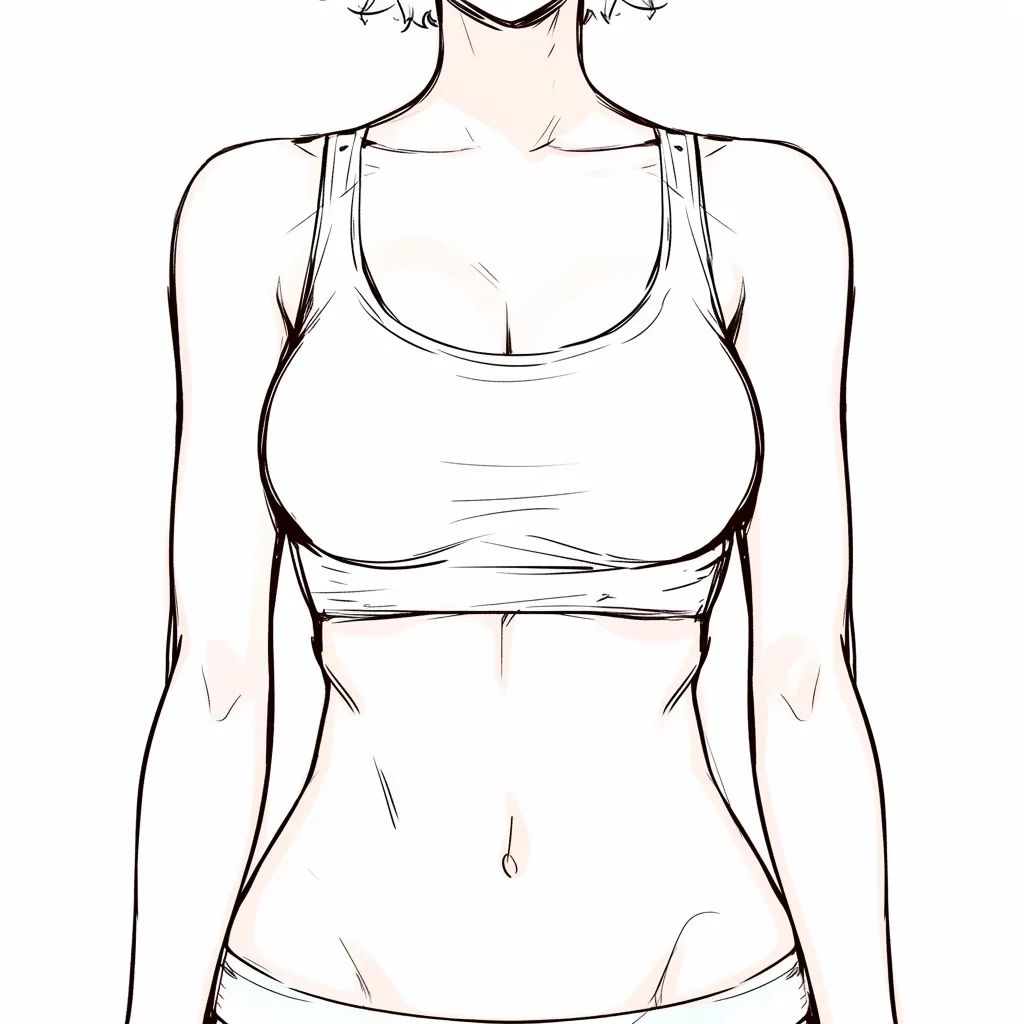 女性の体の標準体型｜【基本構造】胸部は適度な大きさで、くびれを持つ描き方で整理されています。直立姿勢で体のバランスが安定しています。<br>【演出の方向性】控えめな胸部と整ったプロポーションが落ち着いた印象を与え、自然体で親しみやすい雰囲気を表現しています。<br>