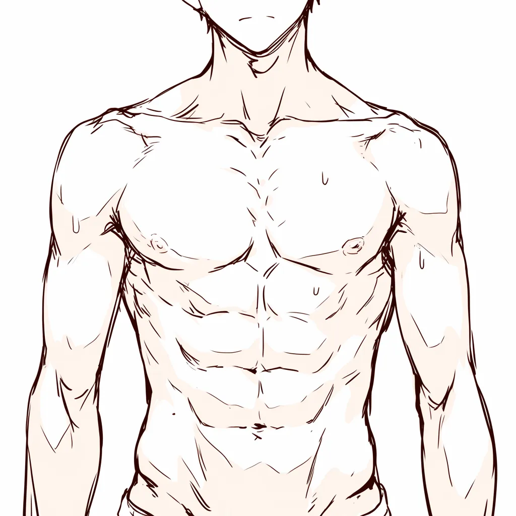男のおなか（筋肉強調）｜【基本構造】腹筋を細かく分割して描き方に盛り込み、胸筋から腹直筋までの流れを立体的に整理しています。<br>【演出の方向性】強い陰影や汗の表現で肉体美を際立たせ、力強くスポーティーな印象を高めています。<br>