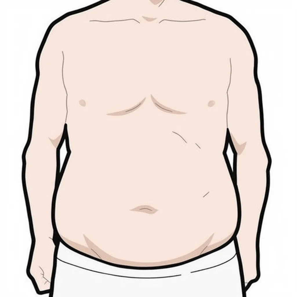 肥満のおなか（男性正面）｜【基本構造】肩幅を広めに取りつつ、腹部に丸みを持たせた描き方で、皮下脂肪の厚みを表現しています。<br>【演出の方向性】腹部の膨らみを素直に描くことで、親しみやすさやユーモラスな印象を与えています。<br>