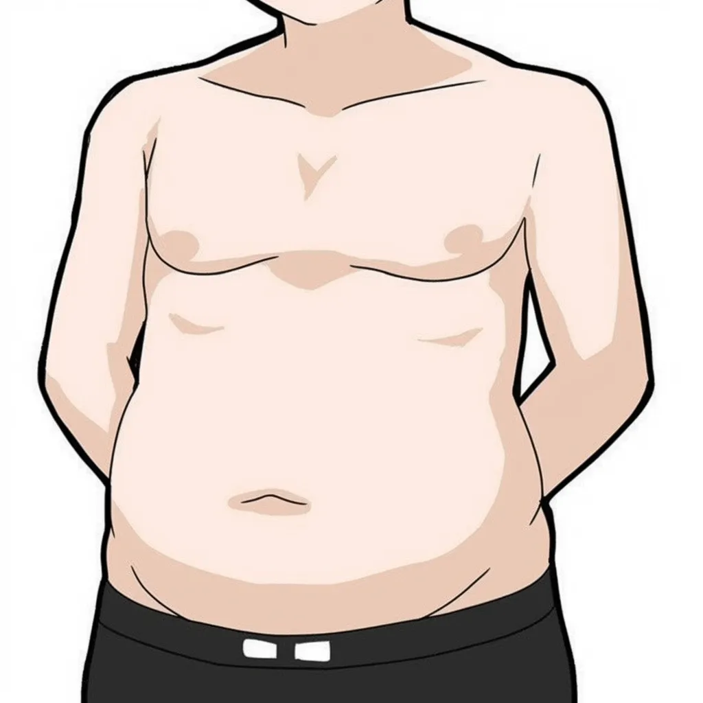 肥満のおなか（腕を後ろに組む男性）｜【基本構造】胸から腹部にかけて緩やかに下へ落ちるシルエットを描き方として強調し、全体を安定したフォルムにしています。<br>【演出の方向性】姿勢の安定感が、落ち着きや温厚さを連想させる印象になっています。<br>