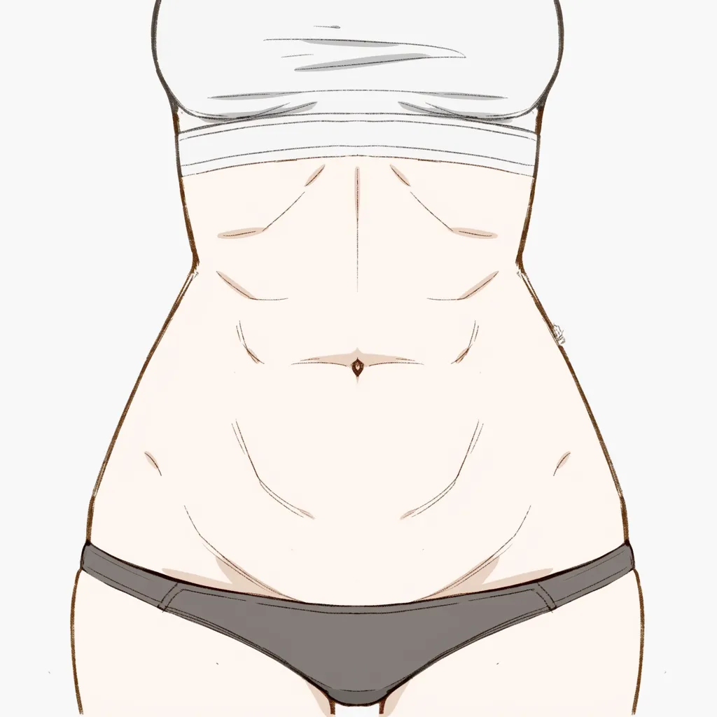 肥満のおなか（女性正面・細部強調）｜【基本構造】胸下から下腹部にかけてたるみを曲線で描き方に整理し、皮膚のしわを丁寧に配置しています。<br>【演出の方向性】柔らかな線と細かい陰影が、自然で人間味のある温かさを表現しています。<br>