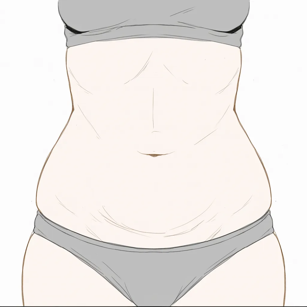 肥満のおなか（女性シンプル構図）｜【基本構造】胴全体を広めにとり、腹部のふくらみを丸い曲線で描き方に反映しています。<br>【演出の方向性】余計な装飾を抑えることで、素直で淡泊な印象を持たせ、安心感を与える表現となっています。<br>