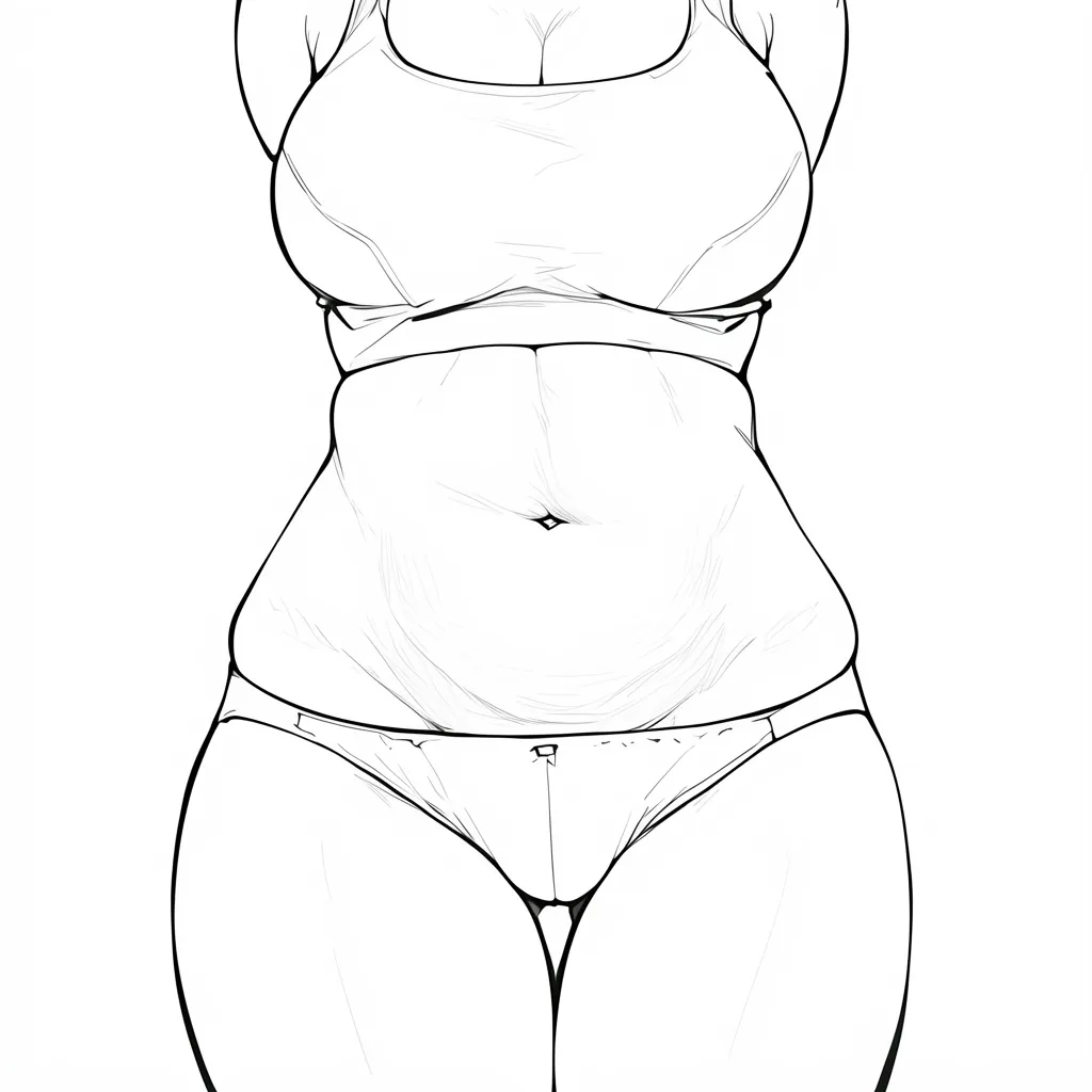 肥満のおなか（女性線画・腰回り強調）｜【基本構造】腰回りを広く取り、下腹部の丸みを太めの線で描き方に落とし込みました。<br>【演出の方向性】濃淡を抑えたモノクロ表現が、造形そのものを際立たせ、存在感を強調しています。<br>